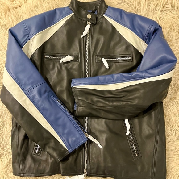 MBD ~ Colorblock Lamb Leather Jacket - Black, White, and Blue - Picture 2 of 6